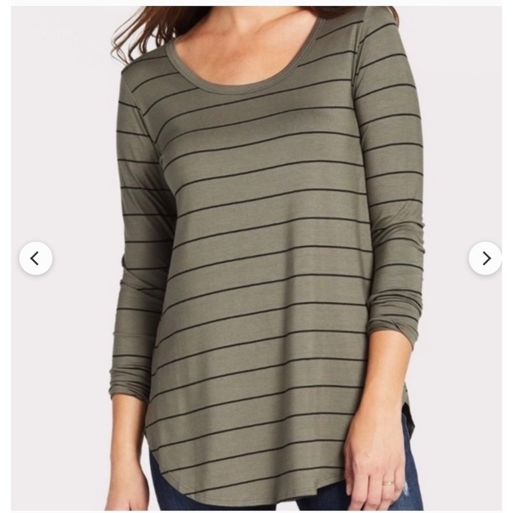 Peyton Jensen Womens Olive Green Striped Long Sleeve Scoop Neck Tunic Top Size M